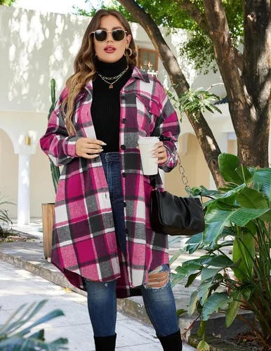 Miniatura 3 de IN'VOLAND Camisas de franela a cuadros de talla grande para mujer, manga larga, con solapa, estilo novio, con botones, chaqueta larga de tartán