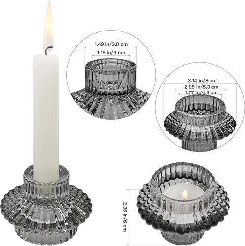 Miniatura 7 de Juego de 3 portavelas reversibles, cónicos de cristal gris y candelita para centro de mesa, boda, fiesta, decoración del hogar