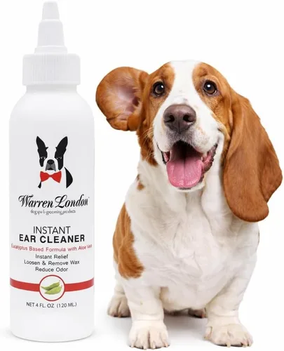 Warren London Limpiador de oídos para perros y gatos, 4 onzas, solución instantánea de lavado de oídos de aloe y eucalipto, limpia, desodoriza,