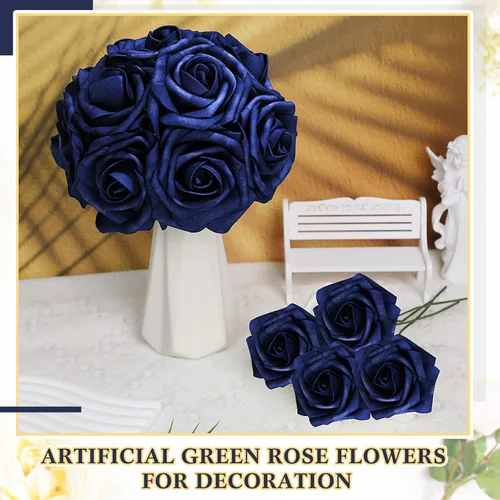 Miniatura 7 de Tigeen Paquete de 200 rosas artificiales azul marino a granel con tallos, rosas artificiales de espuma de aspecto real, flores falsas para ramos