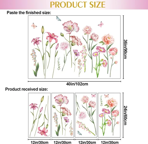 Miniatura 2 de Amaonm - Adhesivo de pared extraíble de flores frescas y mariposa voladora, libélula azul, rosa, lirio, amapola, peonía, floral, calcomanía de pared