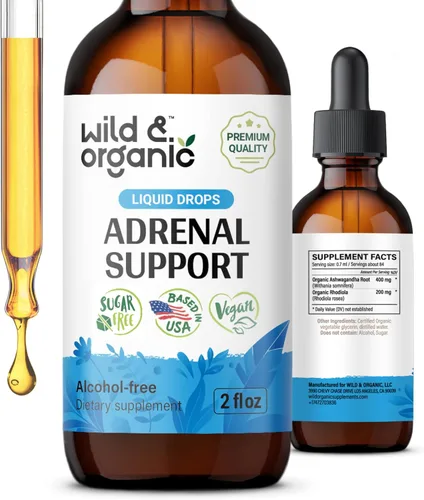Wild & Organic Suplementos de apoyo suprarrenal para mujeres y hombres – Apoyo al estado de ánimo y energía – Gotas de complejo suprarrenal con