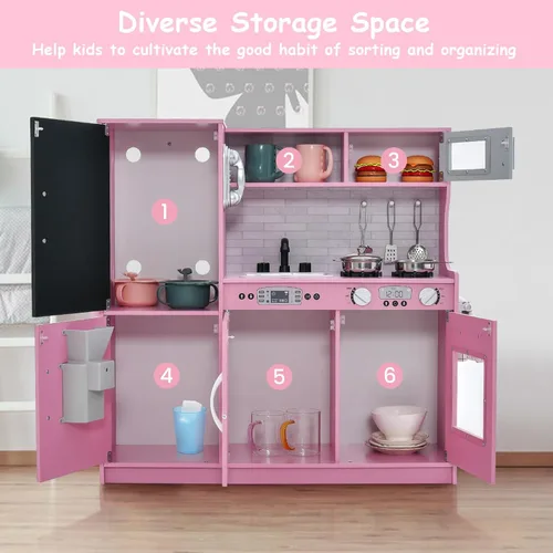 Miniatura 8 de MAT EXPERT Juego de Cocina para Niños, Cocina de Juguete de Chef de Madera con Pizarra, Máquina de Hielo, Accesorios de Utensilios de Cocina, Rosa