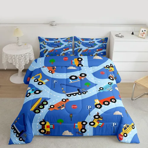 Miniatura 30 de Feelyou Juego de edredón de coche de dibujos animados para niños, edredón de construcción para niños, juego de ropa de cama de camiones y equipos