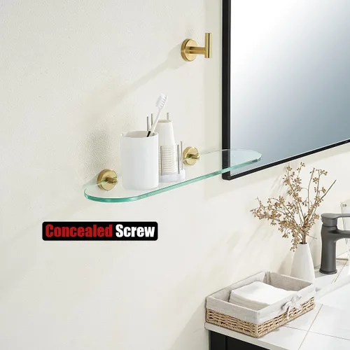 Miniatura 5 de JQK Estante de vidrio para baño dorado, almacenamiento de ducha de vidrio templado de 20 por 5 pulgadas, montaje de pared dorado cepillado de acero