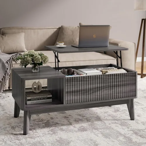 Miniatura 11 de LYNCOHOME Mesa de Centro con Tapa Elevable Acanalada con Almacenamiento, Mesa de Centro Moderna para Sala de Estar, Oficina en Casa (Natural)