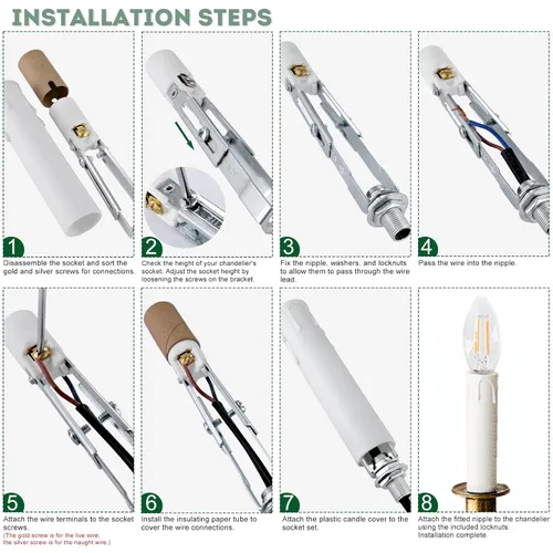 Miniatura 6 de Candelabro E12 - Enchufe de luz de cerámica ajustable de longitud para iluminación de candelabro, portalámparas de candelabro con fundas blancas