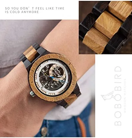 Miniatura 6 de BOBO BIRD Reloj mecánico automático de madera para hombre, personalizable, reloj de pulsera de madera de lujo para hombre