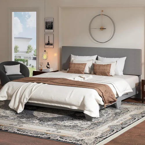 Miniatura 14 de WEEWAY Base de cama de plataforma tapizada completa con cabecero ajustable y listones de madera fuertes, base de colchón resistente, no necesita