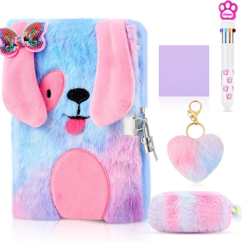 Juego de cuadernos de peluche con diseño de arcoíris, cuaderno esponjoso para niñas, diario privado bordado, bloc de notas con candado, bolígrafo