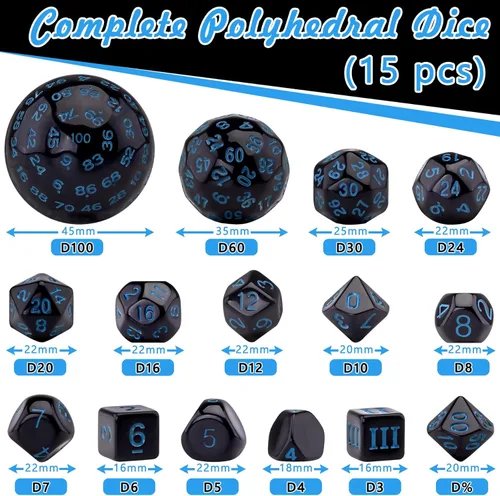 Miniatura 2 de AUSTOR Juego completo de dados poliédricos D3-D100 de 15 piezas con una bolsa de almacenamiento de cuero con cordón para juegos de mesa