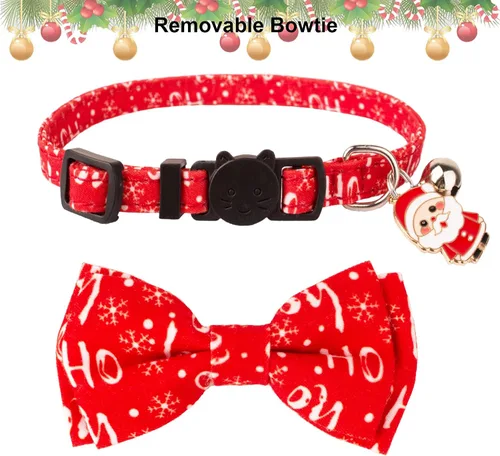 Miniatura 3 de ADOGGYGO Collar navideño para gato con campana de lazo, paquete de 2 collares de Navidad para gatito rojo y verde