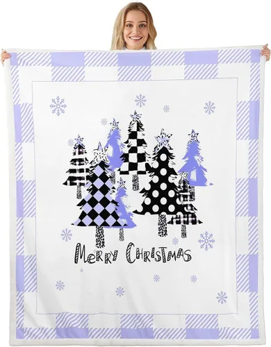 Miniatura 16 de Manfei Manta de Navidad con árbol de Navidad, muñeco de nieve, copo de nieve, para decoración de habitación de niños y niños, manta de rayas blancas