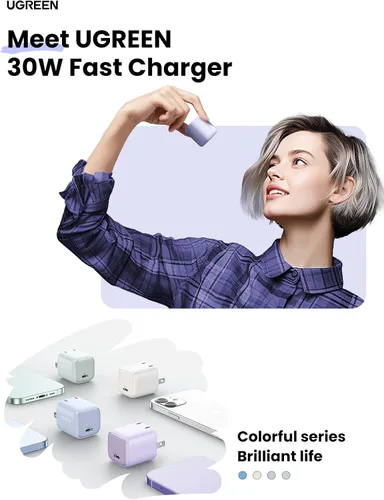 Miniatura 2 de UGREEN Cargador USB C de 30 W, Bloque de Carga de Pared Rápida Plegable GaN PPS Compacto Nexode, Adaptador de Corriente USB-C para iPhone Púrpura