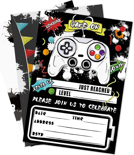 Miniatura 8 de WERNNSAI Invitación para Fiesta de Videojuego - Juego de 24 Tarjetas de Cumpleaños de Juego Azules para Llenar con Sobres y Adhesivo para Niños