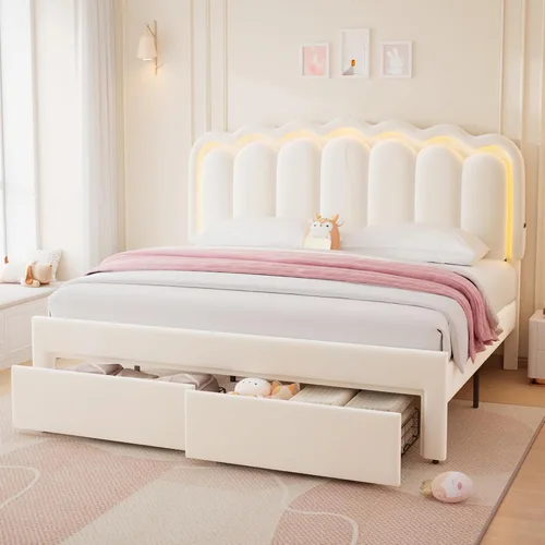 Miniatura 19 de Base de cama LED tapizada tamaño matrimonial con 2 cajones de almacenamiento y cabecera doble ondulada ajustable, cama de plataforma de terciopelo