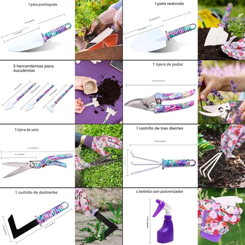 Miniatura 3 de Juego de herramientas de jardín, 10 piezas de herramientas de jardinería con estampado floral, mango ergonómico, rastrillo de pala, tijeras