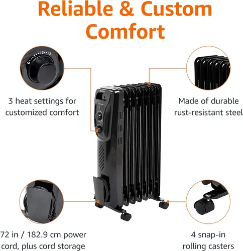 Miniatura 2 de Amazon Basics Radiador de aceite portátil para uso en interiores, 3 ajustes de calor, protección contra sobrecalentamiento, seguridad certificada