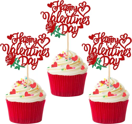 Miniatura 8 de 24 piezas de decoración para cupcakes para el día de San Valentín con purpurina roja para pies de bebé, carruaje de amor, corazón, día de San
