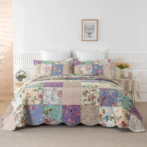 Miniatura 8 de YAYIDAY - Edredón tamaño Queen, juego de colcha con patrón de retazos - 100% algodón reversible y transpirable con estampado floral acolchado