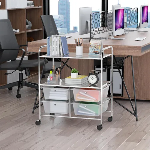 Miniatura 8 de RELAX4LIFE Carrito de almacenamiento rodante con 4 cajones y 2 estantes, organizador de archivos de papel con marco de metal para oficina en casa