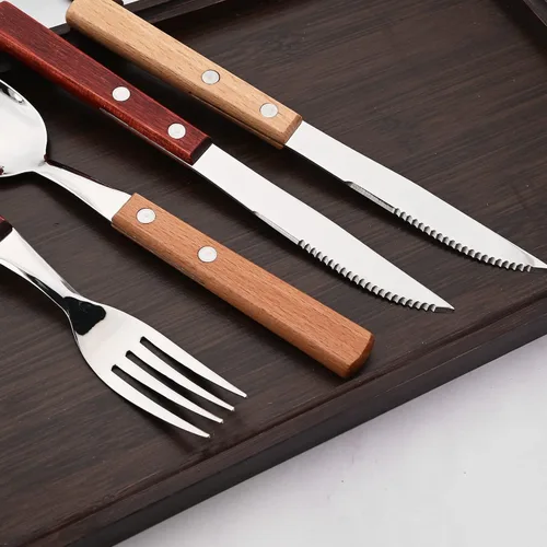 Miniatura 6 de Juego de cubiertos de madera de acero inoxidable 304 con mango ancho, juego de cubiertos de madera duradera, utensilios reutilizables, espejo