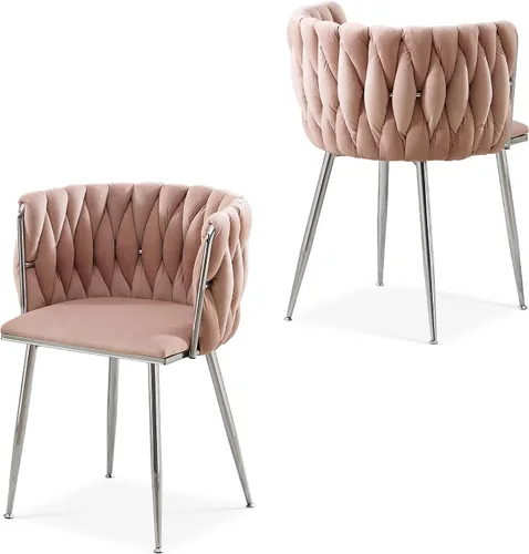 Miniatura 15 de Juego de 2 sillas de comedor de terciopelo, sillas laterales tapizadas tejidas con patas de metal plateado, Sillas de Comedor 2, sillas decorativas