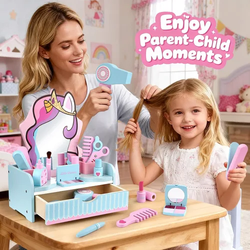 Miniatura 7 de Atoylink Juego de tocador de maquillaje de madera para niñas, juguetes de mesa para niños con espejo, cajón, juego de peluquería y accesorios