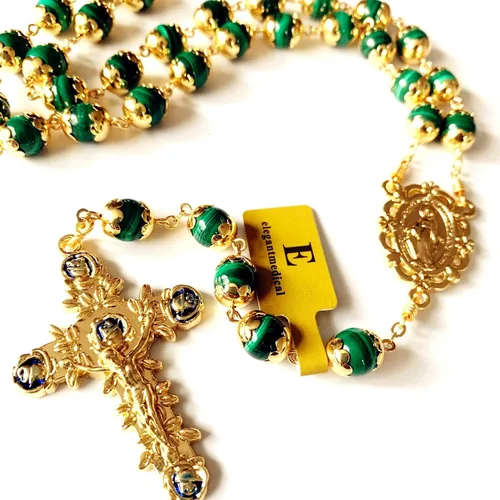 Miniatura 6 de elegantmedical Hecho a mano, chapado en oro de 18 quilates, sin duda, rosario de malaquita, collar de cuentas de oración, regalo católico y caja