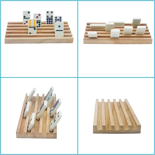 Miniatura 4 de Juego de 8 bandejas de dominó de madera para dominó de tren mexicano, estantes dobles para 12 azulejos, soporte para azulejos de dominó, soporte
