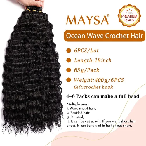 Miniatura 2 de Extensiones de cabello ondulado con ganchillo Ocean Wave de 18 pulgadas, 6 paquetes, extensiones de cabello de ganchillo sueltas de onda profunda #1B