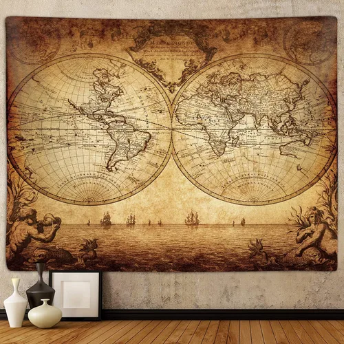 Tapiz de Mapa del Viejo Mundo para Dormitorio, Mapas Náuticos Vintage del Mundo Arte Pequeños Tapices Colgantes de Pared para Dormitorio