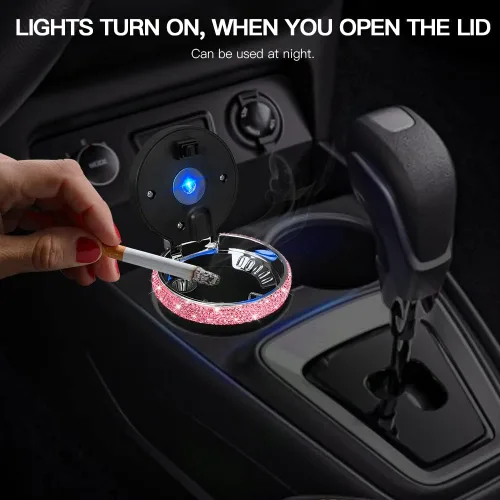 Miniatura 2 de SAVORI Cenicero de automóvil para mujeres y hombres, portavasos, portátil, sin humo, con indicador de luz LED azul, accesorios para automóvil (rosa)