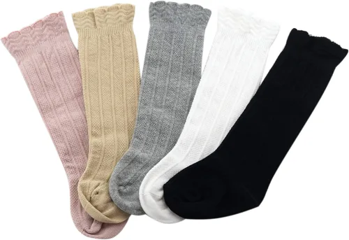 Miniatura 5 de Bestjybt Calcetines altos hasta la rodilla de algodón para bebés y niños pequeños, calcetines de punto trenzado con volantes, 5 pares