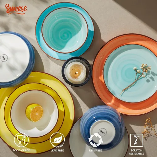 Miniatura 4 de Sweese Juego de platos y cuencos, juego de vajilla redonda de porcelana de 18 piezas para 6, resistente a los arañazos, apto para lavavajillas