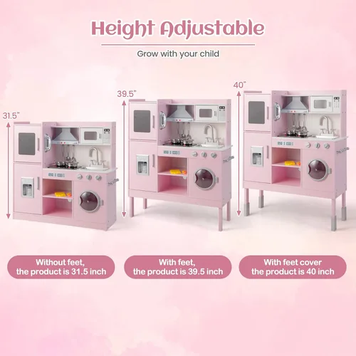 Miniatura 3 de INFANS Juego de cocina de madera para niños, juego de cocina de simulación para niños pequeños con luz y sonido realistas, estufa, fregadero