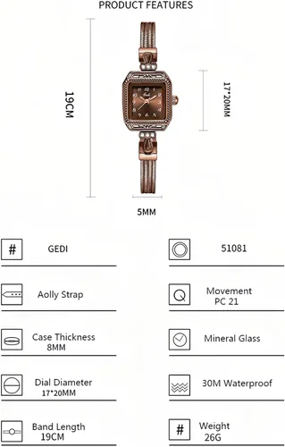 Miniatura 4 de Gosasa Reloj retro clásico cuadrado para mujer, números arábigos, esfera elegante, resistente al agua, pulsera de cuarzo, fácil de leer