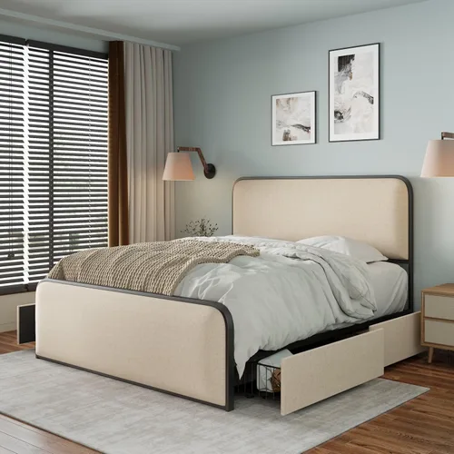 Miniatura 13 de SOFTSEA Cama de plataforma de tamaño matrimonial con nido, cama matrimonial tapizada con cabecero curvado para niños, adolescentes, invitados, tela