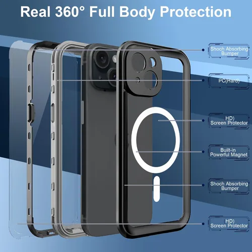 Miniatura 2 de Funda impermeable para iPhone 14 Plus con protector de pantalla integrado y compatible con MagSafe, resistente carcasa de cuerpo completo, a prueba