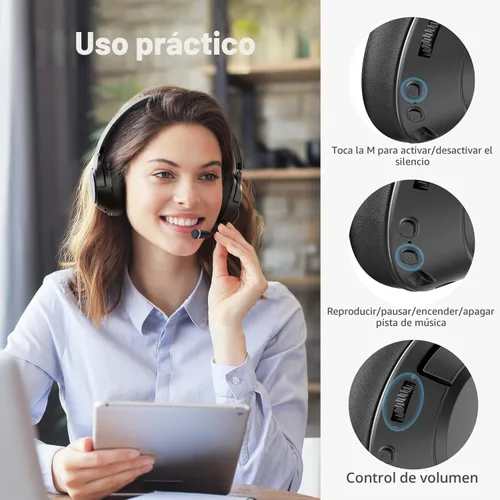 Miniatura 6 de H300 Auriculares inalámbricos Bluetooth con micrófono, auriculares sobre la oreja con dongle USB y función de silenciar, micrófono retráctil