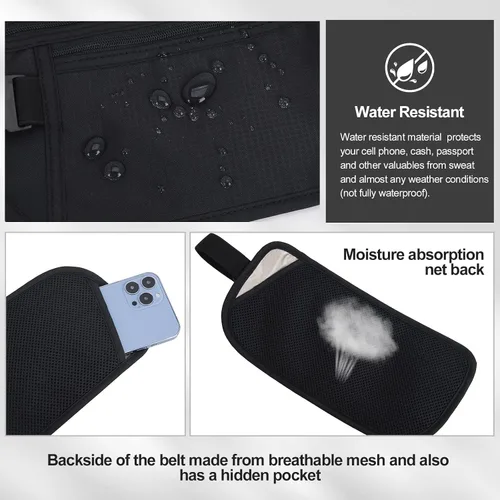 Miniatura 3 de DAITET Cinturón de dinero, soporte para pasaporte, cartera de viaje oculta segura con bloqueo RFID, riñonera encubierta (negro), Negro, Rfid
