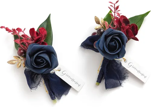 Miniatura 21 de Ling's moment Boutonniere para hombres, 2 piezas de novios, padrinos de boda, flores artificiales para bodas, bailes, regreso a casa, etc. Azul Azul