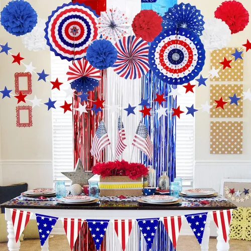 Miniatura 3 de MOVINPE Juego de decoraciones patrióticas para fiestas del 4 de julio, abanicos de papel para colgar con la bandera estadounidense, flores