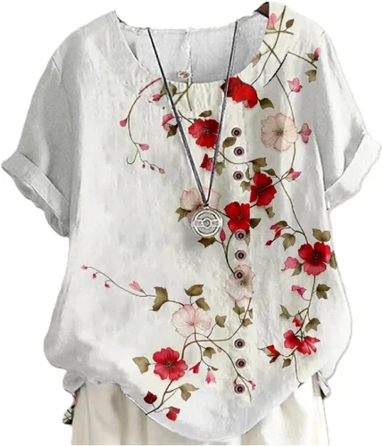 Miniatura 15 de domirica Camisetas de verano para mujer 2024 con estampado de flores, algodón, lino, manga corta, cuello redondo, camisas casuales de moda