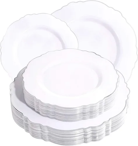 Miniatura 19 de WDF 100 platos de plástico plateado, diseño barroco de alta gama, platos blancos y plateados resistentes para fiestas de Navidad y bodas de lujo