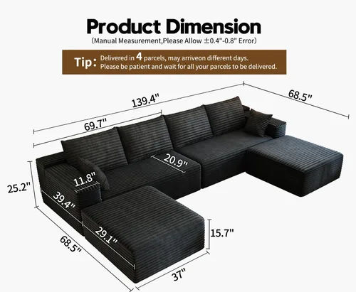 Miniatura 2 de Sofá seccional modular de 139.4", sofás minimalistas en forma de U con 2 otomanas chaise, sofá cama convertible moderno de asiento profundo, tela