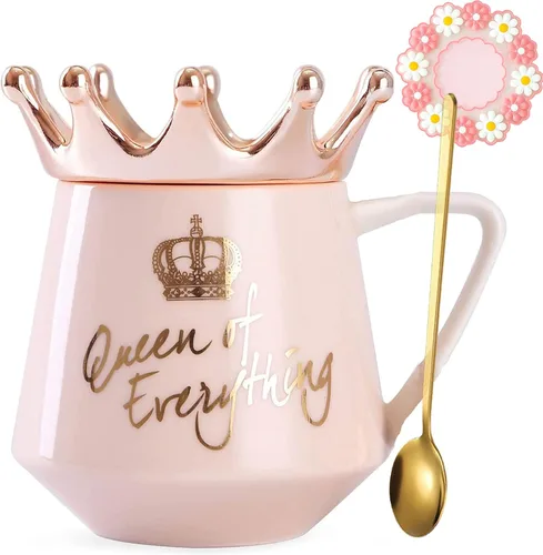 Miniatura 19 de Arawat Queen of Everything - Taza con tapa, taza negra dulce con corona de café, taza de 12 onzas, regalo con cuchara y posavasos, taza de té