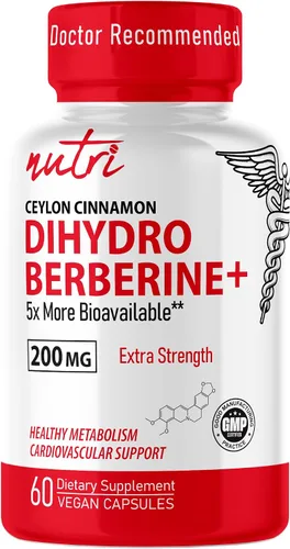 Suplemento de dihidroberberina de 200 mg, 60 cápsulas, con canela de Ceilán orgánica, 54 veces más biodisponible que el HCL de berberina regular,