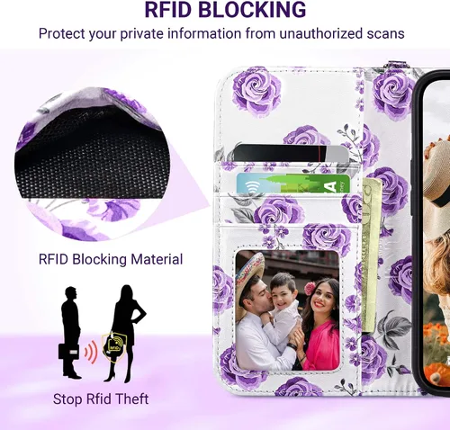 Miniatura 6 de ULAK Compatible con iPhone 15 Estuche tipo cartera para mujer, funda tipo billetera de piel PU premium con tarjetero, función de caballete, estuche