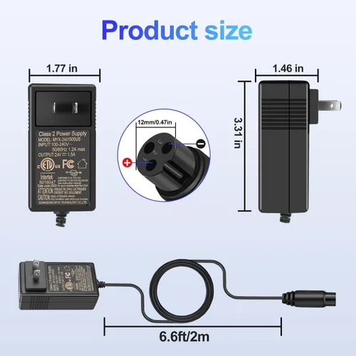 Miniatura 6 de EGK Cable cargador de repuesto de 24 V de 6.6 pies para Razor MX350 MX400 E300 E200 E150 E125 E100 Scooter, Dirt Bike, Quad ATV, Bolsillo, Mod
